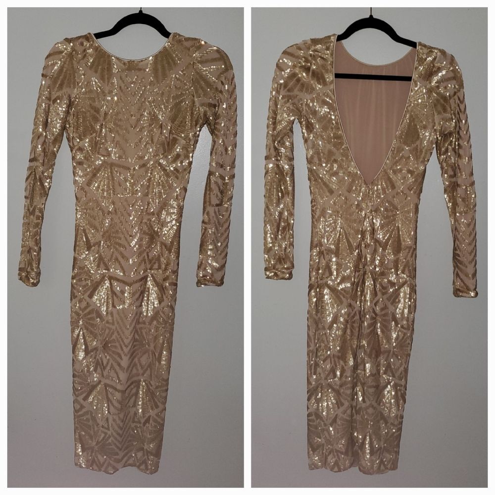 Dress The Population Emery Long Sleeve Blush Gold Sequin Open Back Dress Deco S - Picture 2 of 16